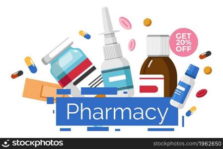 Health care and treatment of diseases. Pharmacy store with assortment of products, 20 percent off cost. Promotion banner with reduction and discount on medicine products. Vector in flat style. Pharmacy shop get 20 percent off price banner