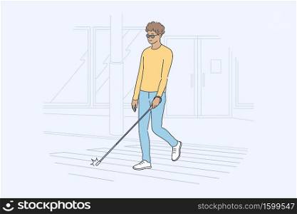 Health, care, blindness, desease, motion concept. Young happy smiling african american blind man or guy cartoon character pedestrian crossing street in city. Disability and road safety illsutration.. Health, care, blindness, desease, motion concept