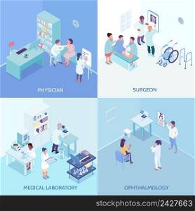 Health care center 2x2 design concept with physician surgeon ophthalmology and medical laboratory square icons isometric vector illustration. Health Care Center 2x2 Design Concept