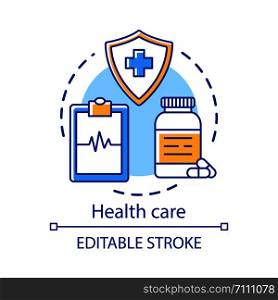 Health care concept icon. Healthcare, medicine. Therapeutic services. Medical insurance, examination, treatment idea thin line illustration. Vector isolated outline drawing. Editable stroke