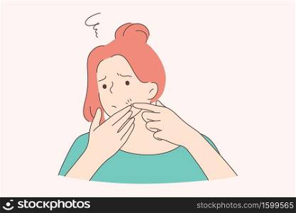 Health, care, examination, frustration concept. Young sad upset woman girl teenager cartoon character looking at mirror popping squeezing pimple at home. Age problem of acne prone skin illustration.. Health, care, skin, examination, frustration, concept