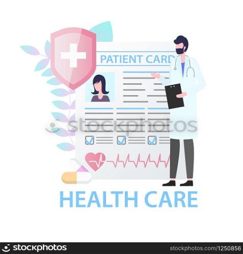 Health Care Female Patient Card Male Doctor Vector Illustration. Record Paper Document Medical Diagnosis Information. Heart Check Ilness Treatment Prescription Medication Healthcare Insurance. Health Care Female Patient Card Male Doctor