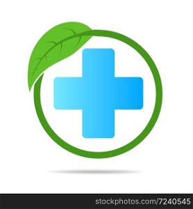 Health care green medical cross and leaf, logo isolated