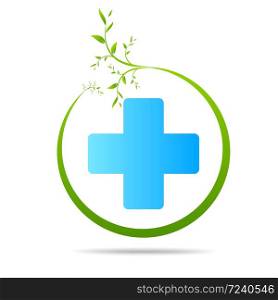 Health care green medical cross and leaf, logo isolated