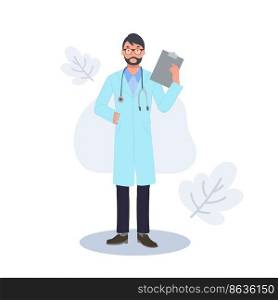 Health care hospital worker,doctor physician, practitioner, paramedic holding medical history notepad, stethoscope. , therapist. Vector illustration 