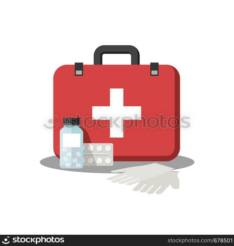 Health care illustration. Flat icons of medical box and pharma medicine icons. Health care illustration
