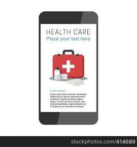 Health care illustration template for mobile app. Flat icons of medical box and pharma medicine icons. Health care illustration