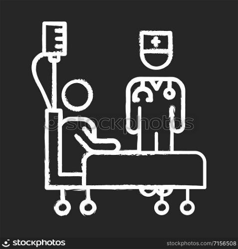 Health care industry chalk icon. Clinic, hospital. Medical help. Emergency health aid. Curing illness and disease. Doctor and patient. Professional caregiver. Isolated vector chalkboard illustration