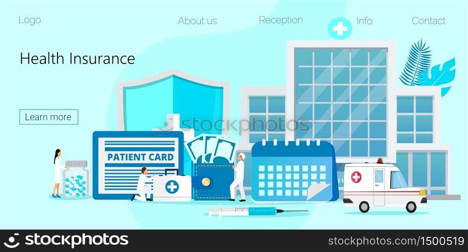 Health care insurance concept, tiny doctors offer to fill online form of policy. Ambulance pulls up to the hospital. Shield, calendar are shown. Wallet with money is economy. It is for landing page.. Health care insurance concept, tiny doctors offer to fill online form of policy.
