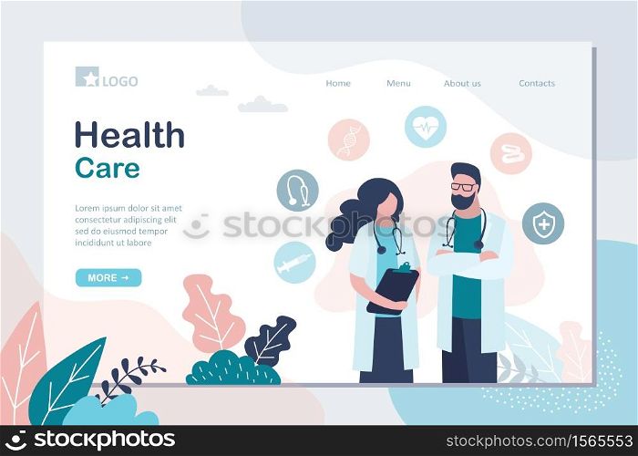 Health Care landing page template. Two doctors in uniform and medical icons. Specialist Colleagues posing. Healthcare concept web background. Male and female characters. Trendy style vector illustration