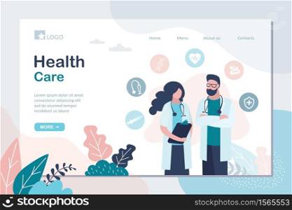 Health Care landing page template. Two doctors in uniform and medical icons. Specialist Colleagues posing. Healthcare concept web background. Male and female characters. Trendy style vector illustration