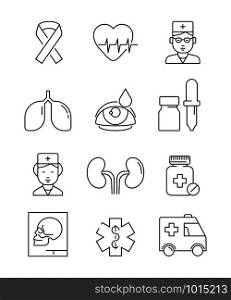 Health care line icons. Medical stroke symbols prescription doctor in hospital laboratory clinic health medicaments vector pictures. Illustration of medical doctor, laboratory icons for hospital. Health care line icons. Medical stroke symbols prescription doctor in hospital laboratory clinic health medicaments vector pictures