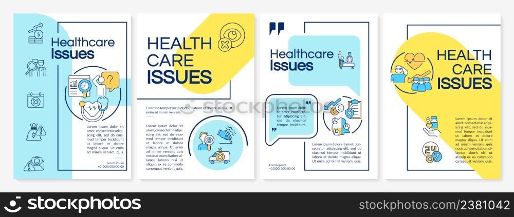 Health care management issues blue and yellow brochure template. Leaflet design with linear icons. 4 vector layouts for presentation, annual reports. Questrial, Lato-Regular fonts used. Health care management issues blue and yellow brochure template