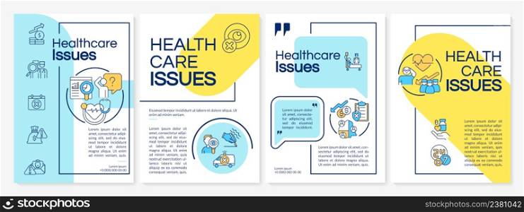 Health care management issues blue and yellow brochure template. Leaflet design with linear icons. 4 vector layouts for presentation, annual reports. Questrial, Lato-Regular fonts used. Health care management issues blue and yellow brochure template