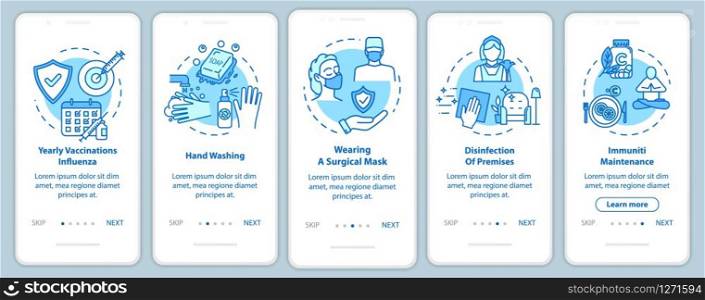 Health care onboarding mobile app page screen with concepts. Influenza, flu. Regular disinfection walkthrough 5 steps graphic instructions. UI vector template with RGB color illustrations
