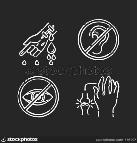 Health care problem chalk white icons set on black background. First aid for cut vein. Deafness and blindness. Sensory impairment. Rheumatoid arthritis. Isolated vector chalkboard illustrations. Health care problem chalk white icons set on black background