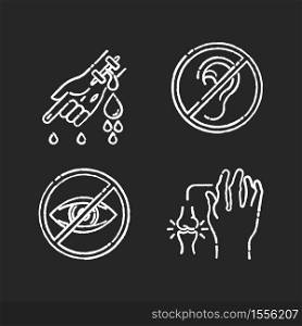 Health care problem chalk white icons set on black background. First aid for cut vein. Deafness and blindness. Sensory impairment. Rheumatoid arthritis. Isolated vector chalkboard illustrations. Health care problem chalk white icons set on black background