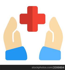 Health care professional with hands and plus logotype