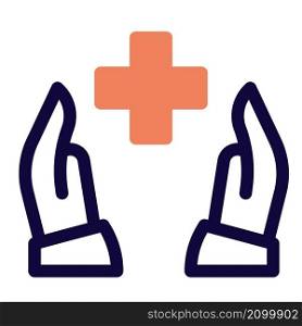 Health care professional with hands and plus logotype