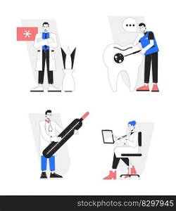 Health care professionals flat line concept vector spot illustrations pack. Specialists 2D cartoon characters on white for web UI design. Editable hero image set for website landings, mobile headers. Health care professionals flat line concept vector spot illustrations pack