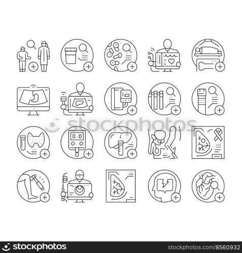 health check medical doctor icons set vector. medicine patient, hospital healthcare, clinic heart checkup, healthy man, pressure health check medical doctor black contour illustrations. health check medical doctor icons set vector