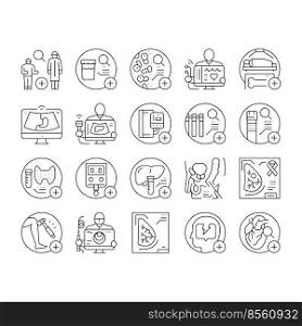 health check medical doctor icons set vector. medicine patient, hospital healthcare, clinic heart checkup, healthy man, pressure health check medical doctor black contour illustrations. health check medical doctor icons set vector