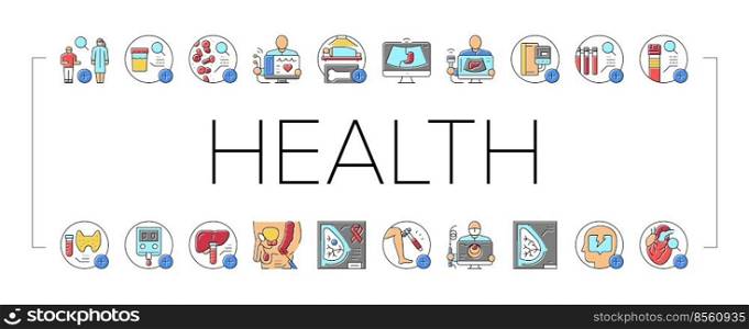 health check medical doctor icons set vector. medicine patient, hospital healthcare, clinic heart checkup, healthy man, pressure health check medical doctor color line illustrations. health check medical doctor icons set vector