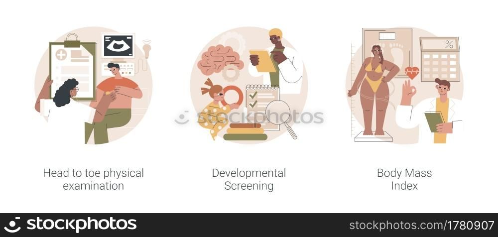 Health check up abstract concept vector illustration set. Head to toe physical examination, developmental screening, body mass index, health issue diagnostics, weight loss program abstract metaphor.. Health check up abstract concept vector illustrations.