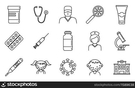 Health chicken pox icons set. Outline set of health chicken pox vector icons for web design isolated on white background. Health chicken pox icons set, outline style