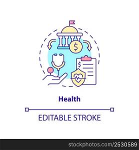 Health concept icon. Healthcare services financing. Federal support. Expenditures abstract idea thin line illustration. Isolated outline drawing. Editable stroke. Arial, Myriad Pro-Bold fonts used. Health concept icon
