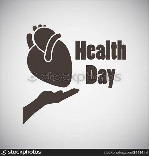 Health day emblem with heart in open palm on grey background. Vector illustration.
