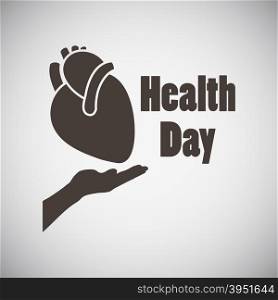 Health day emblem with heart in open palm on grey background. Vector illustration.
