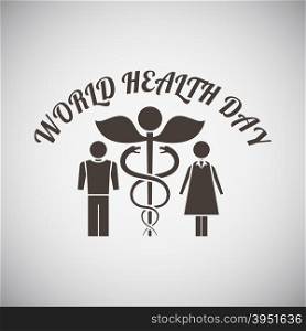 Health day emblem with medicine symbol and man with woman on side of it on grey background. Vector illustration.