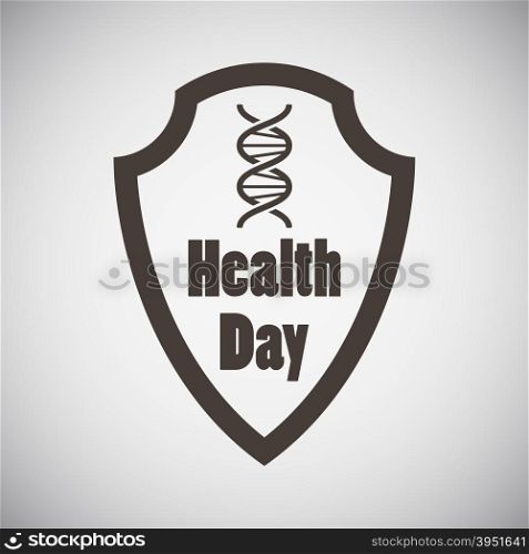 Health day emblem with shield and DNA symbol on it on grey background. Vector illustration.