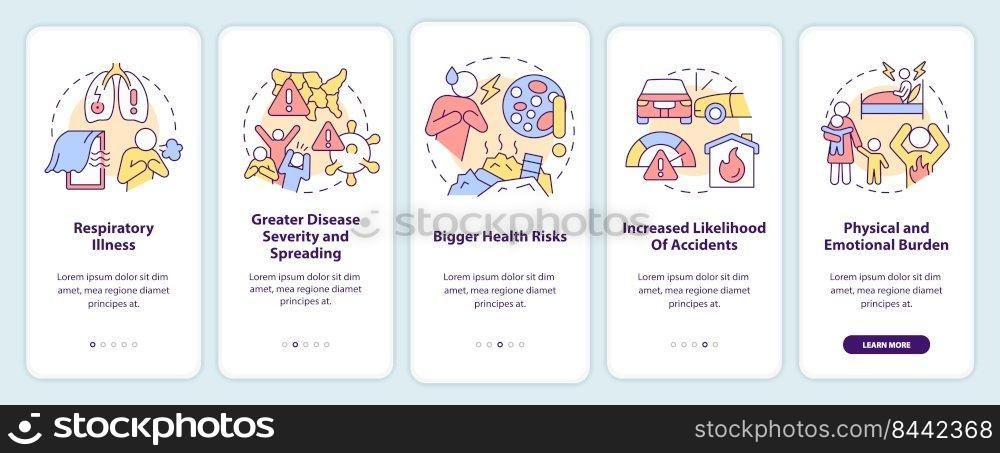 Health effects of overcrowding onboarding mobile app screen. Pandemics walkthrough 5 steps editable graphic instructions with linear concepts. UI, UX, GUI template. Myriad Pro-Bold, Regular fonts used. Health effects of overcrowding onboarding mobile app screen