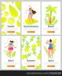 Health, Entertainment, Beach, Sports and Summer. Set Vacation at Seaside Resort and Solitude on Desert Island. Girls go in for Sports and Relax in Summer on Vacation Vector Illustration.