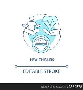 Health fairs turquoise concept icon. Employees wellness care. HR organizing skills abstract idea thin line illustration. Isolated outline drawing. Editable stroke. Arial, Myriad Pro-Bold fonts used. Health fairs turquoise concept icon