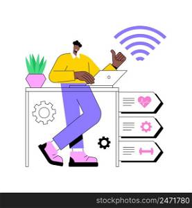 Health-focused IOT desks abstract concept vector illustration. IOT office desk, body activity tracking, working efficiency, health-focused environment, employee well-being abstract metaphor.. Health-focused IOT desks abstract concept vector illustration.