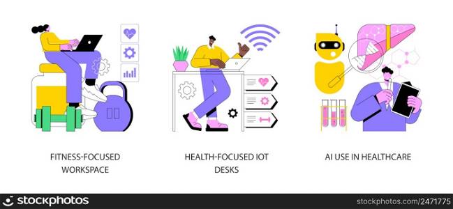 Health-focused technology abstract concept vector illustration set. Fitness-focused workspace, IOT office desk, AI use in healthcare, modern office, employee well-being, medicine abstract metaphor.. Health-focused technology abstract concept vector illustrations.