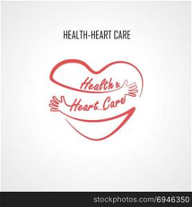 Health & Heart Care typographical design elements and Red heart shape with hand embrace.Hugs and Love yourself sign.Health and Heart Care icon.Happy valentines day concept.Healthcare & medical concept.Vector illustration