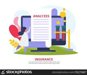 Health insurance background with online medical analysis result flat vector illustration