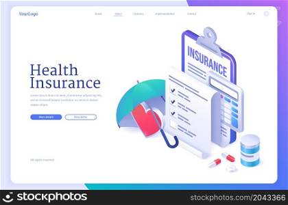 Health insurance banner. Concept of healthcare, personal medical protection. Vector landing page with cartoon illustration of clipboard with claim form, umbrella, heart, calculator and pharmacy drugs. Vector banner of health insurance service