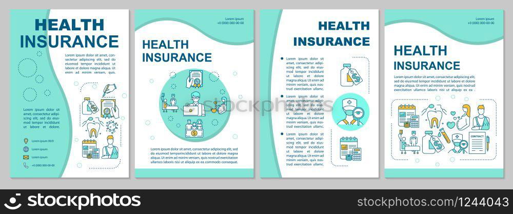 Health insurance brochure template. Healthcare cost coverage. Flyer, booklet, leaflet print, cover design with linear icons. Vector layouts for magazines, annual reports, advertising posters