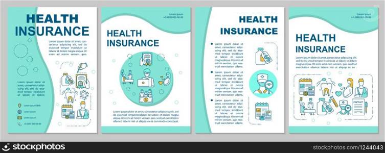 Health insurance brochure template. Healthcare cost coverage. Flyer, booklet, leaflet print, cover design with linear icons. Vector layouts for magazines, annual reports, advertising posters