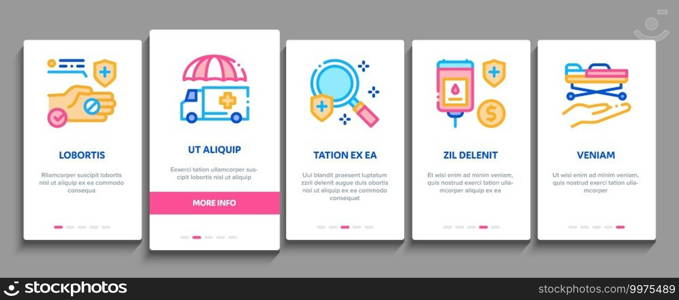 Health Insurance Care Onboarding Mobile App Page Screen Vector. Medical Insurance Agreement And Healthcare Service, Ambulance Car And Hospital Ward Illustrations. Health Insurance Care Onboarding Elements Icons Set Vector