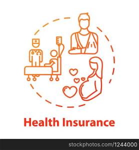 Health insurance concept icon. Patient life protection. Pregnant woman checkup. Injury from accident. Medical assurance idea thin line illustration. Vector isolated outline RGB color drawing