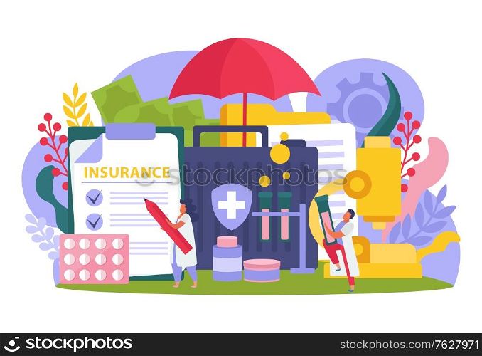 Health insurance concept with medical treatment symbols flat vector illustration