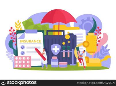 Health insurance concept with medical treatment symbols flat vector illustration