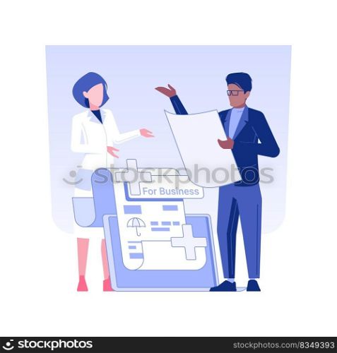 Health insurance for business owners isolated concept vector illustration. Businessman writing agreement about medical insurance, health protection, meeting with doctor vector concept.. Health insurance for business owners isolated concept vector illustration.