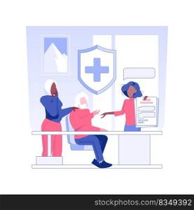Health insurance for seniors isolated concept vector illustration. Elderly couple talks to insurance company representative, business industry, health and life protection vector concept.. Health insurance for seniors isolated concept vector illustration.